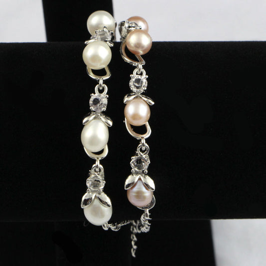 Vintage-Style Silver Tone White Faux Pearl Rhinestone Link Chain Bracelet