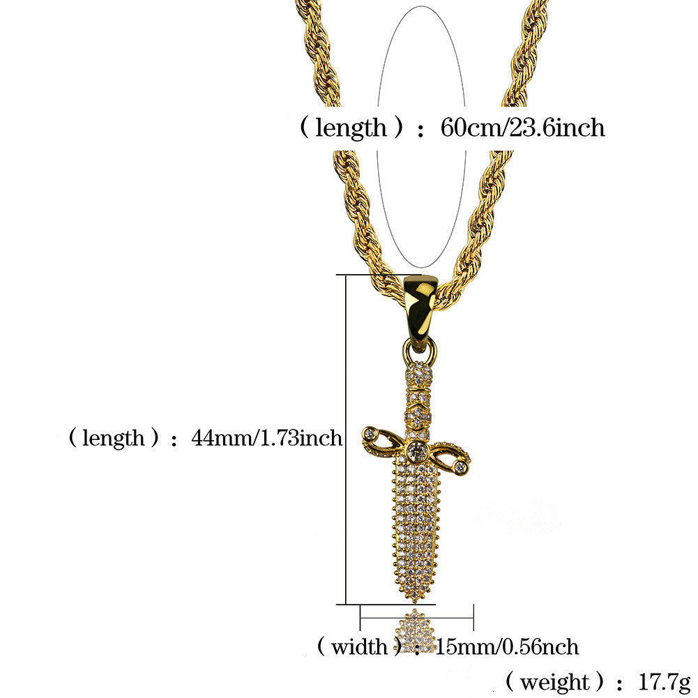 Dazzling Iced Out 925 Sterling Silver Dagger Pendant Necklace