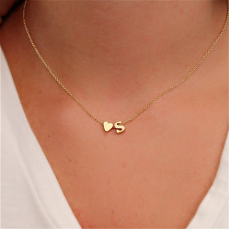 Peach Heart Shaped Initial Necklace - Gold & Silver Clavicle Chain Pendant