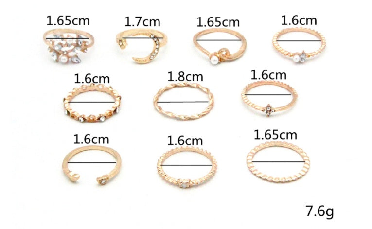 Bohemian Fashion Star Moon Love Pearl Leaf 10-Piece Ring Set