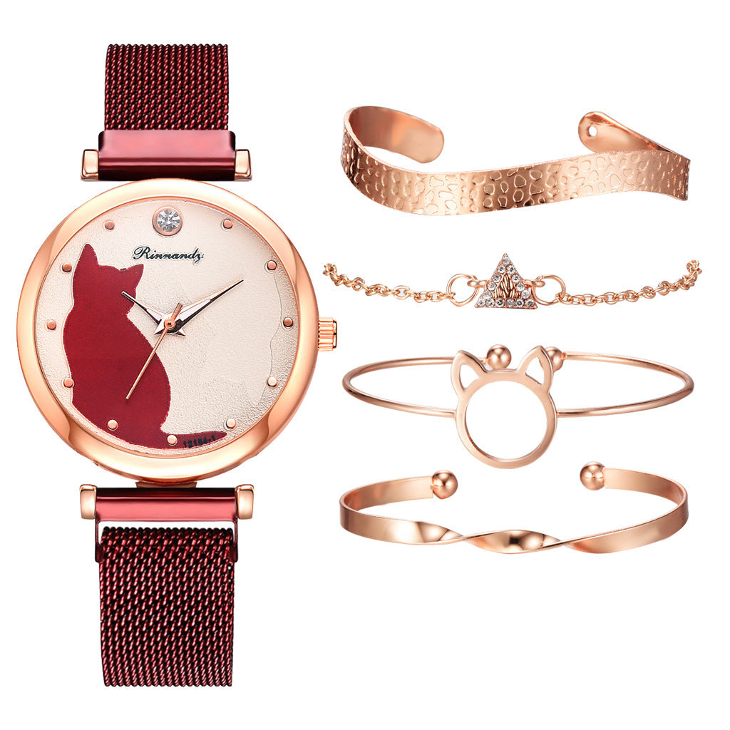 Women's 5-Piece Rose Gold Mesh Watch and Bracelet Set