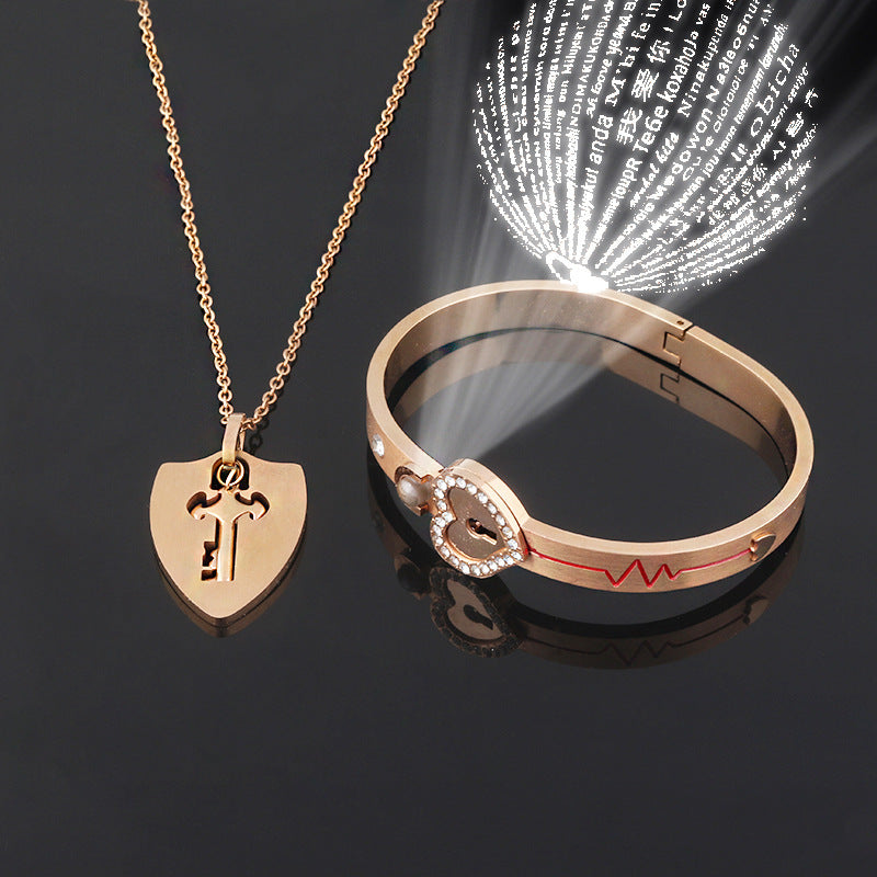 Fashionable Titanium Steel Couple Love Lock Jewelry Set