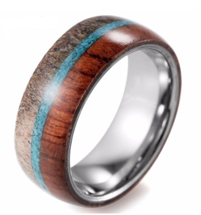 Rugged Tungsten Ring with Wood and Antler Inlays