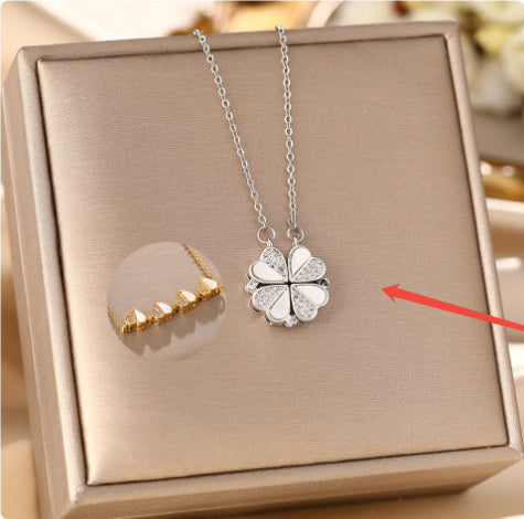 Luxury Four-Leaf Clover Pendant Necklace - Stainless Steel Crystal Heart