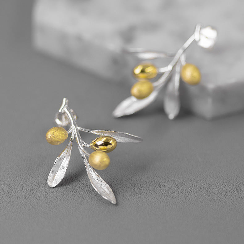 Sterling Silver Natural Olive Branch Stud Earrings