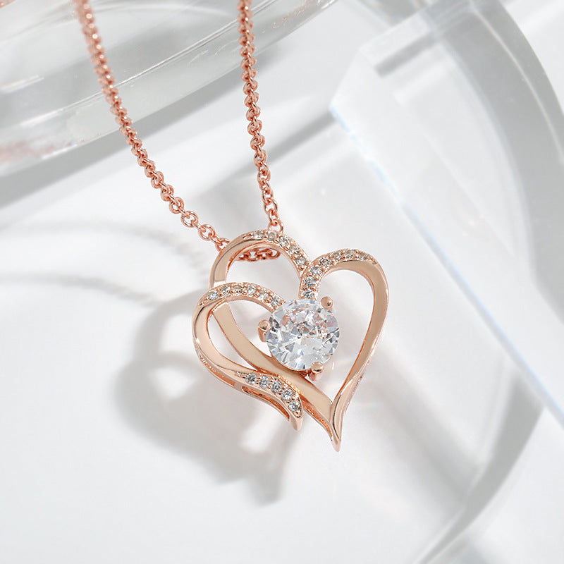 Zircon Double Love Heart Necklace - Rhinestone Clavicle Chain for Women