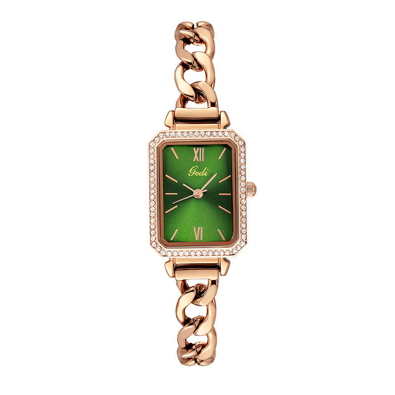 Striking Square Watch with Rhinestones and Denim Detail