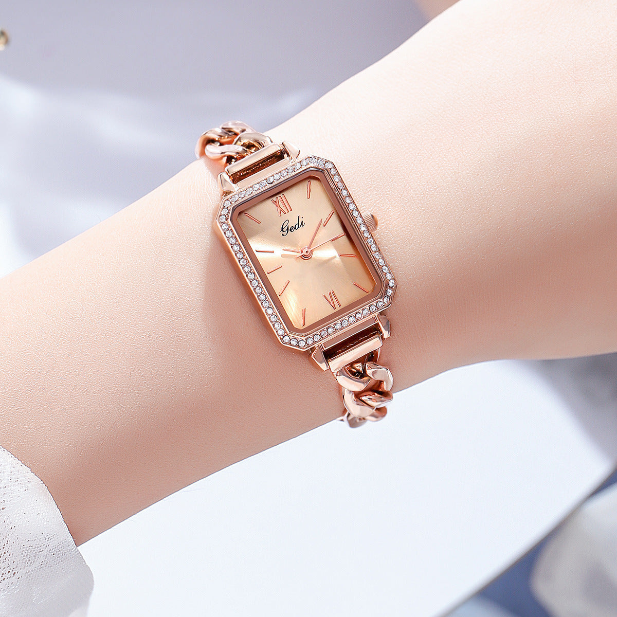 Striking Square Watch with Rhinestones and Denim Detail