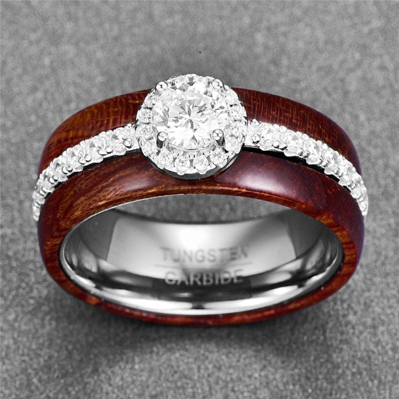 Wooden Ring with Silver and Zircon Inlay
