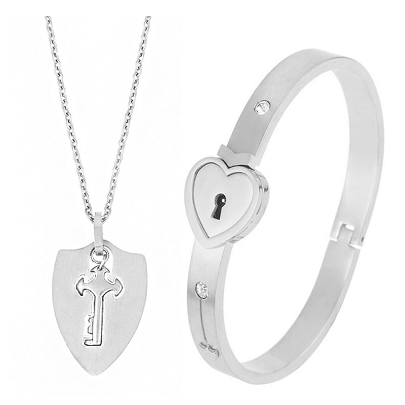 Fashionable Titanium Steel Couple Love Lock Jewelry Set