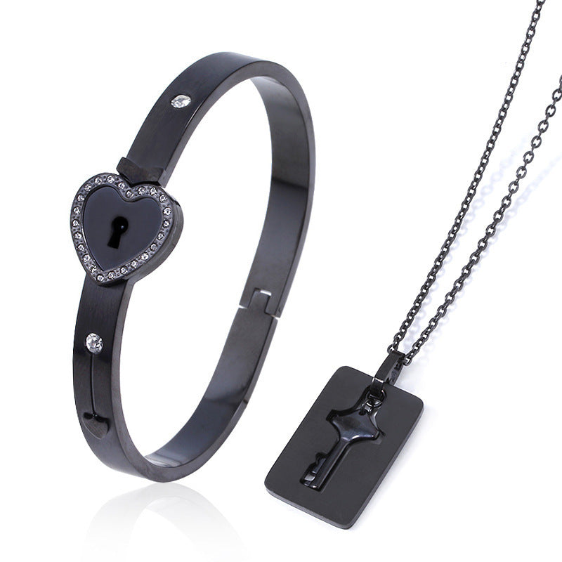 Fashionable Titanium Steel Couple Love Lock Jewelry Set