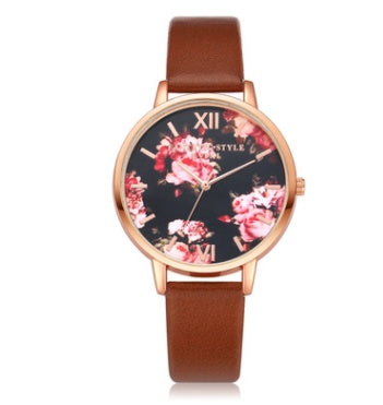 Charming Flower Dial Leather Strap Quartz Watch