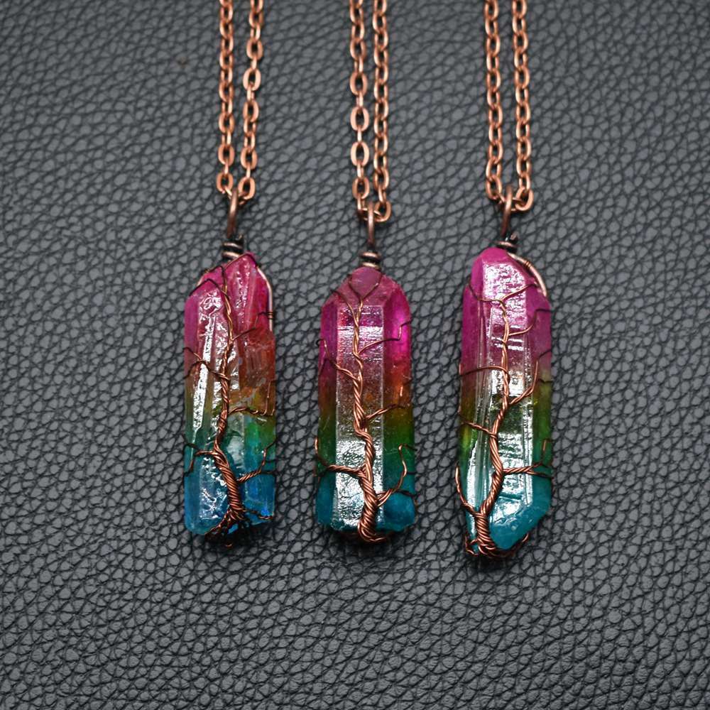 Stone Crystal Pillar Tree of Life Necklace