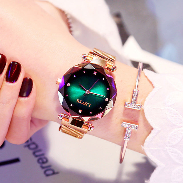 Dazzling Rose Gold Starry Sky Magnet Watch for Women
