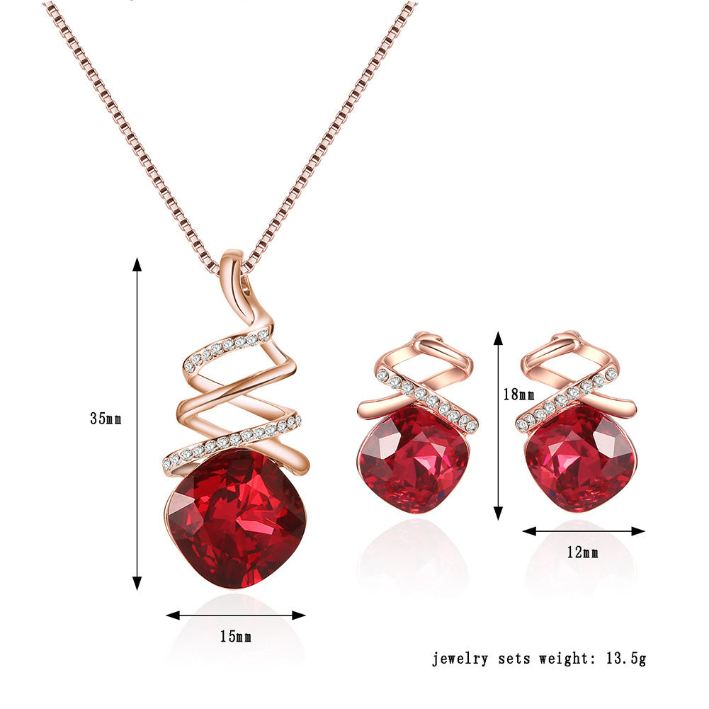 Gold Plated Red Rhinestone Pendant & Earrings Set