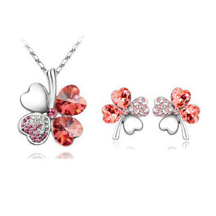 Lucky Four-Leaf Clover Crystal Necklace and Earrings Set