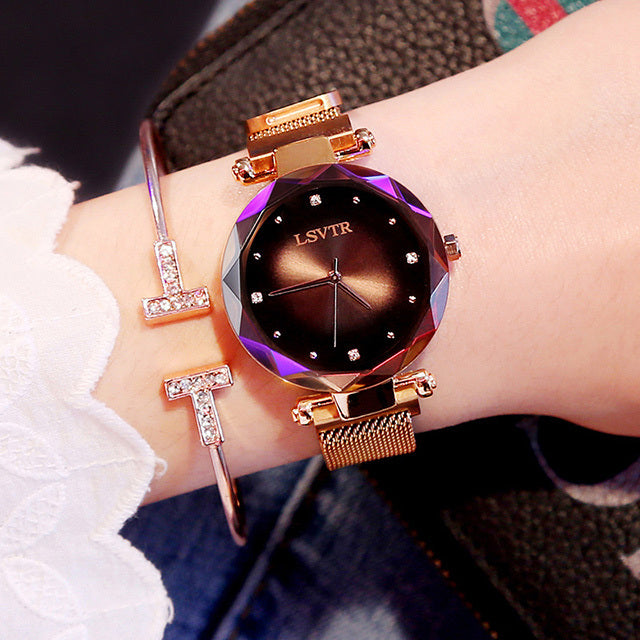 Dazzling Rose Gold Starry Sky Magnet Watch for Women