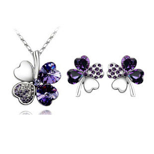 Lucky Four-Leaf Clover Crystal Necklace and Earrings Set
