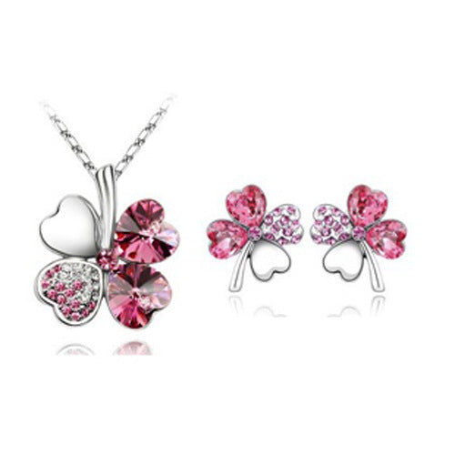 Lucky Four-Leaf Clover Crystal Necklace and Earrings Set