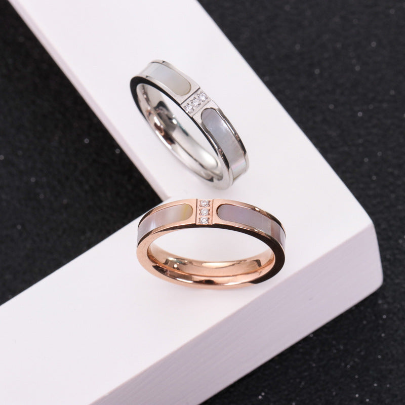 Elegant 18K Rose Gold Plated Stainless Steel White Shell & CZ Ring