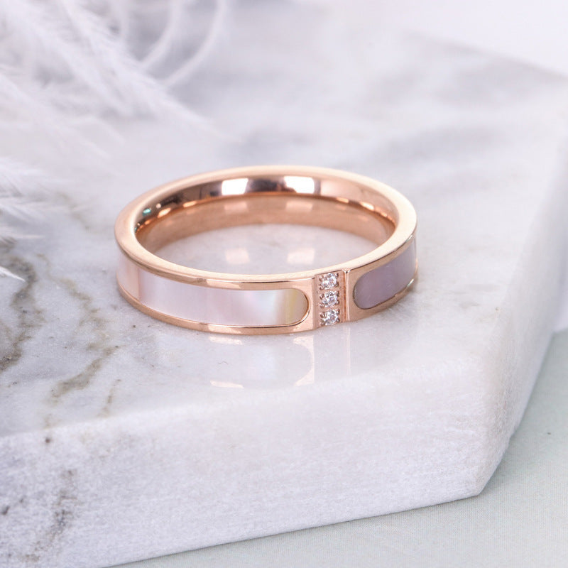 Elegant 18K Rose Gold Plated Stainless Steel White Shell & CZ Ring