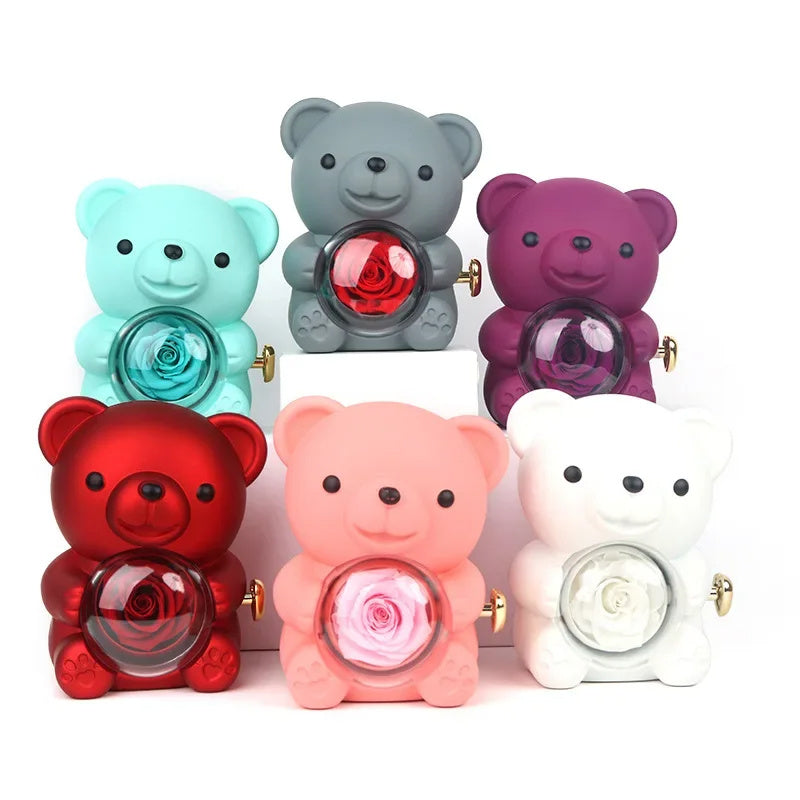 Eternal Rose Teddy Bear Gift Box with Rotating Jewelry Drawer