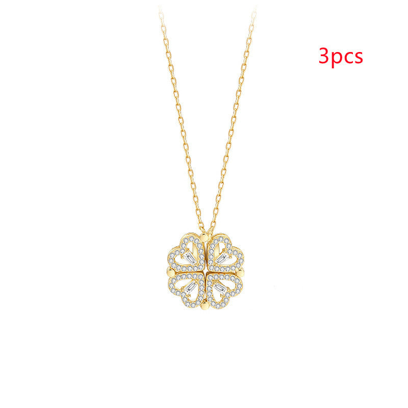 Magnetic Folding Heart-Shaped Four-Leaf Clover Pendant Necklace