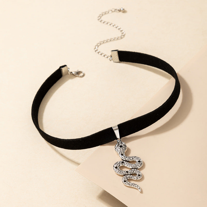Witchy Gothic Grunge Velvet Choker Necklace - Snake & Baroque Design
