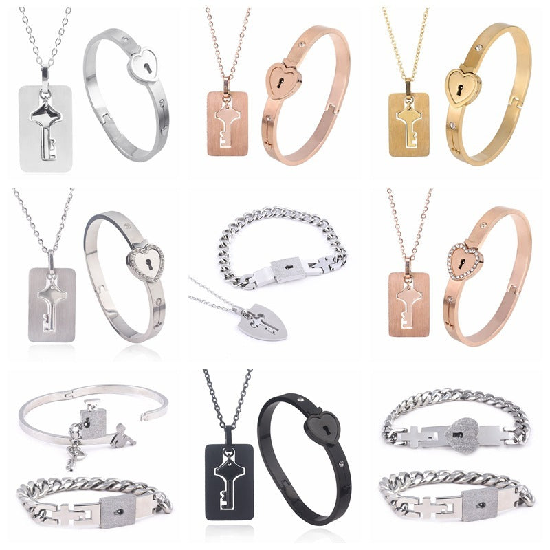 Fashionable Titanium Steel Couple Love Lock Jewelry Set