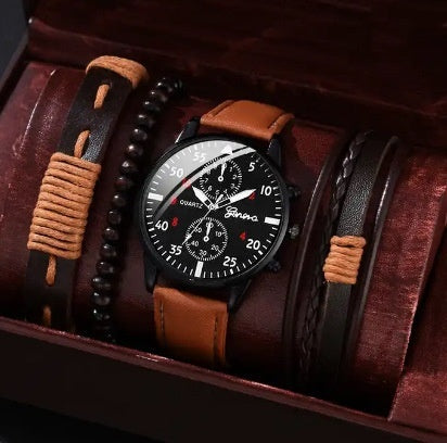 Men's Quartz Watch & Bracelet Set: Single Calendar & Canvas Band