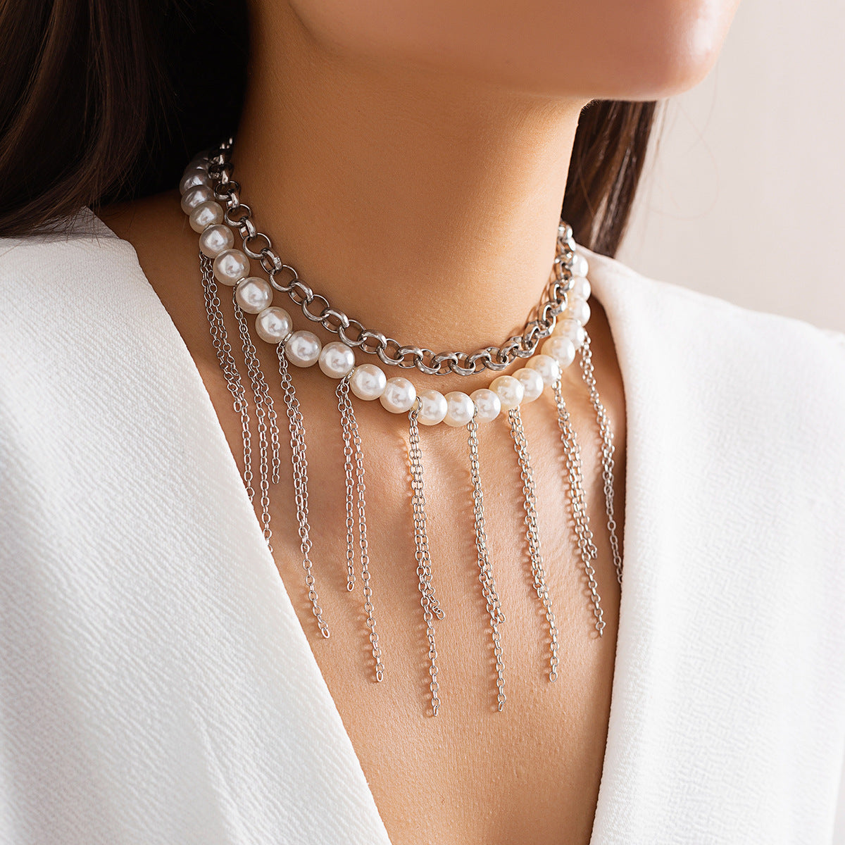 Multilayer Imitation Pearl Tassel Necklace