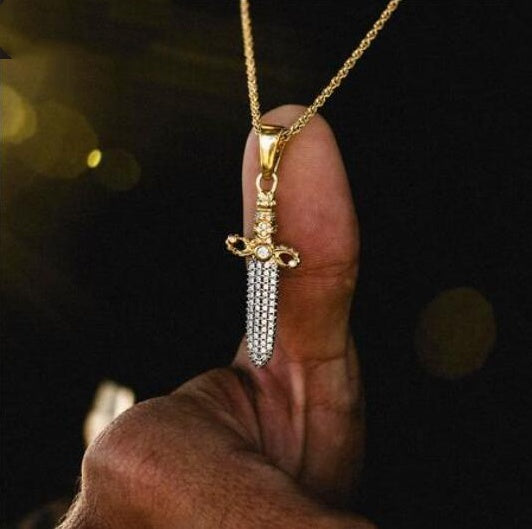 Dazzling Iced Out 925 Sterling Silver Dagger Pendant Necklace