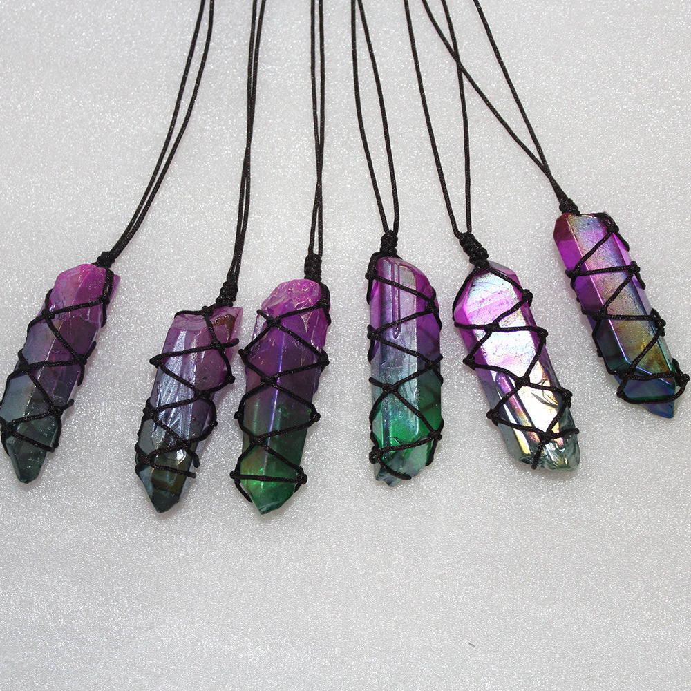 Rainbow Stone Natural Crystal Point Chakra Quartz Pendant Necklace
