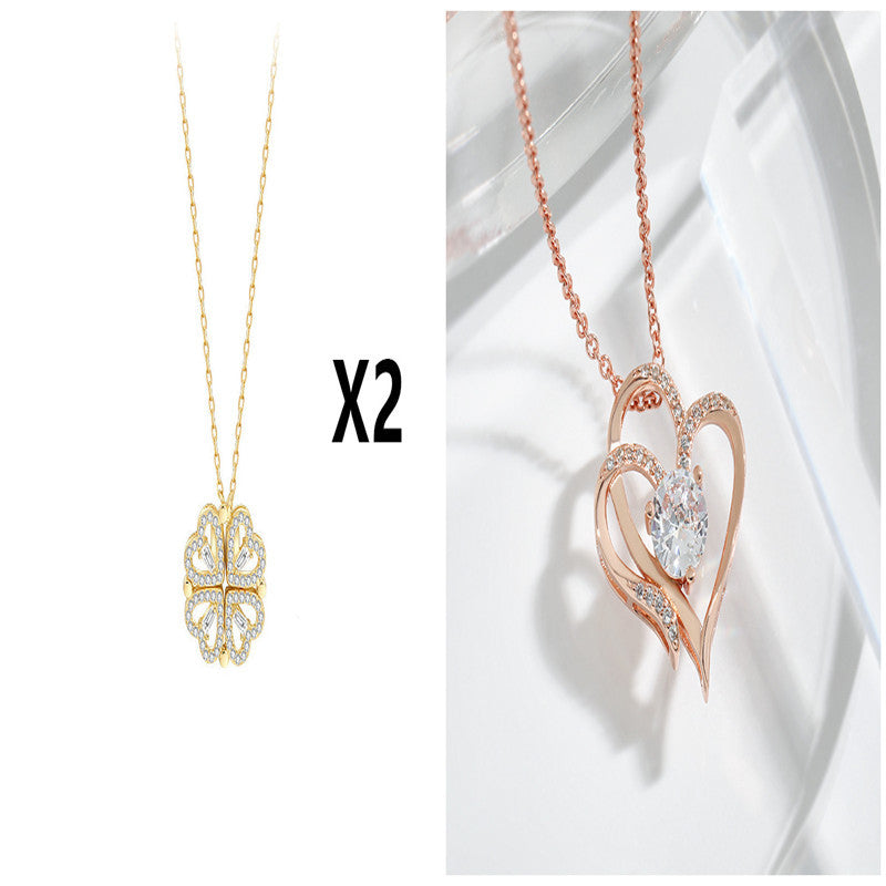 Magnetic Folding Heart-Shaped Four-Leaf Clover Pendant Necklace
