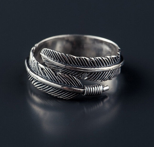 Adjustable Antique Feather Ring 925 Sterling Silver