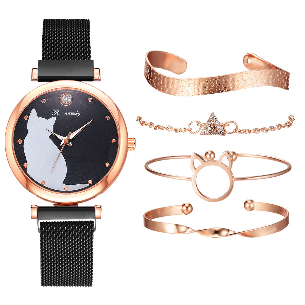 Women's 5-Piece Rose Gold Mesh Watch and Bracelet Set