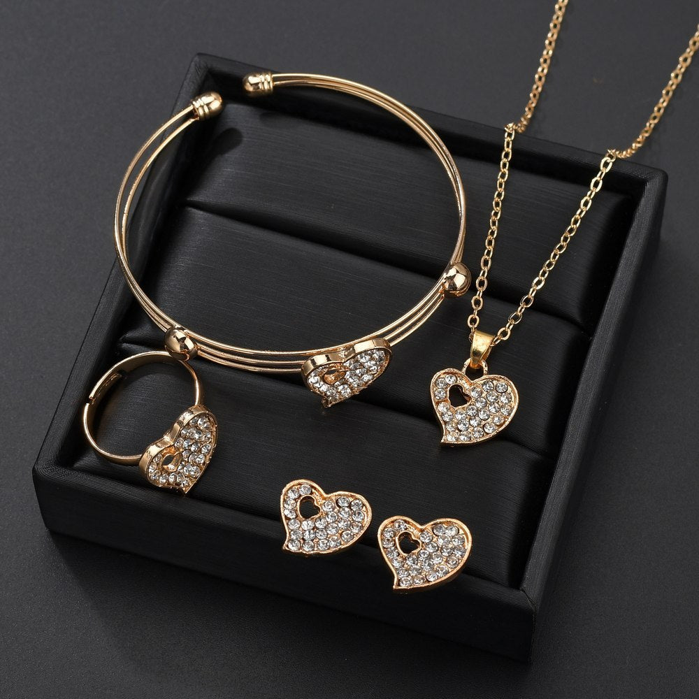4 Pcs Gold Color Hollow Heart Crystal Jewelry Set
