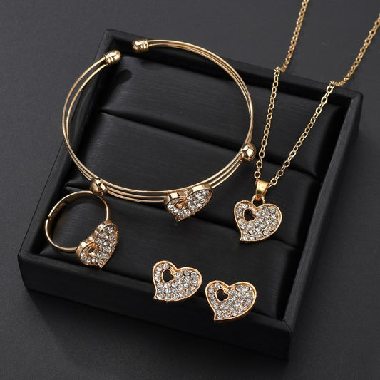 4 Pcs Gold Color Hollow Heart Crystal Jewelry Set