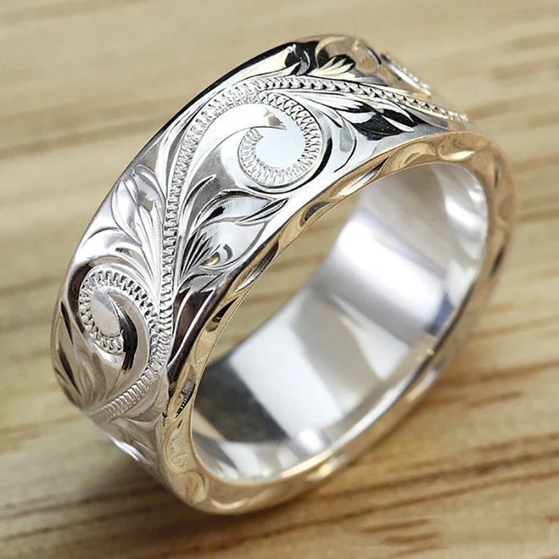 Simple Silver Ring - Retro Embossed Vines
