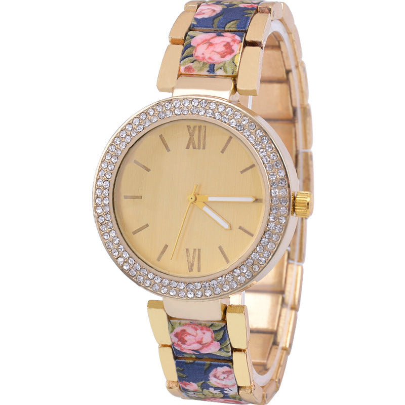 Steel Watch with Floral Printed Band