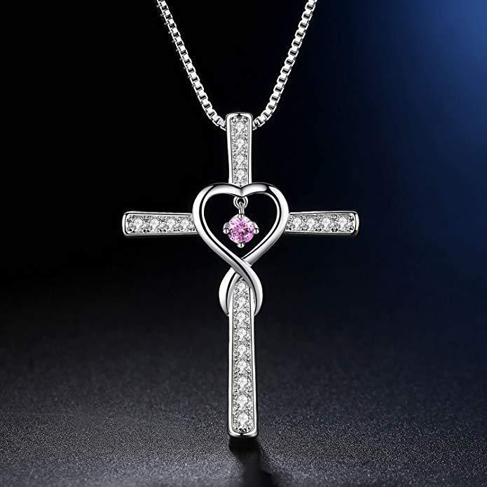 Infinity Love Christian Cross Birthstone Pendant Necklace