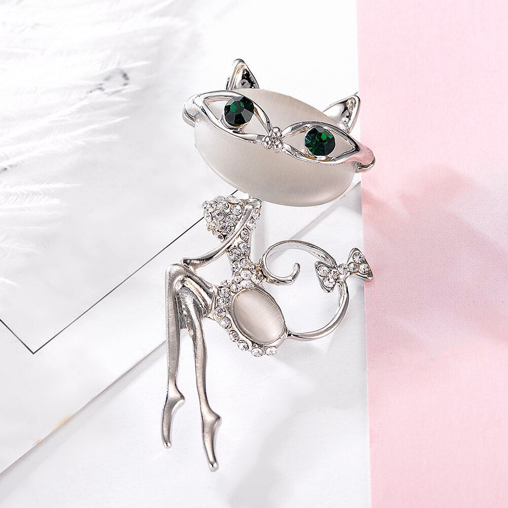 Cat Silver Brooch with Rhinestone Embellishments