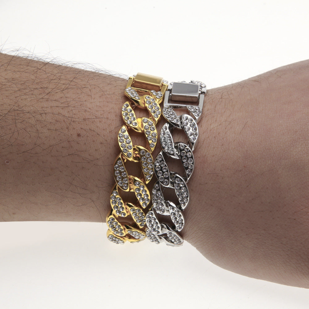 Men's Full Cuban Link Bracelet with Rhinestones