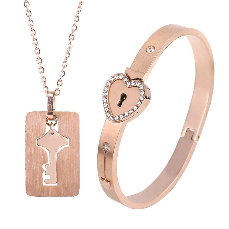 Fashionable Titanium Steel Couple Love Lock Jewelry Set
