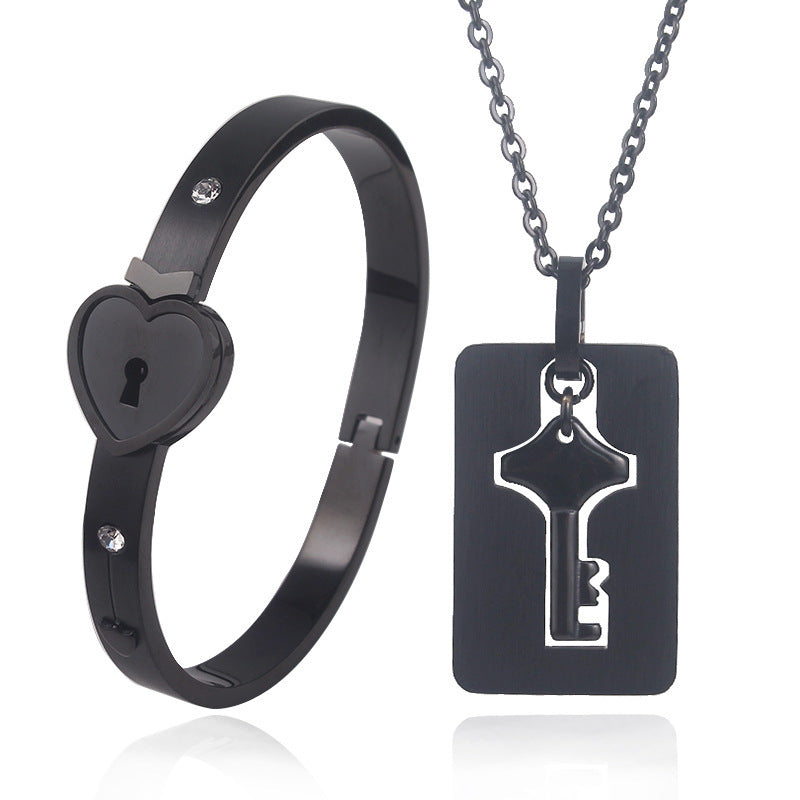 Fashionable Titanium Steel Couple Love Lock Jewelry Set
