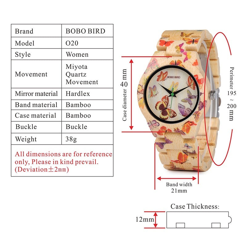 BOBO BIRD O20 Bamboo Butterfly Print Women's Watch