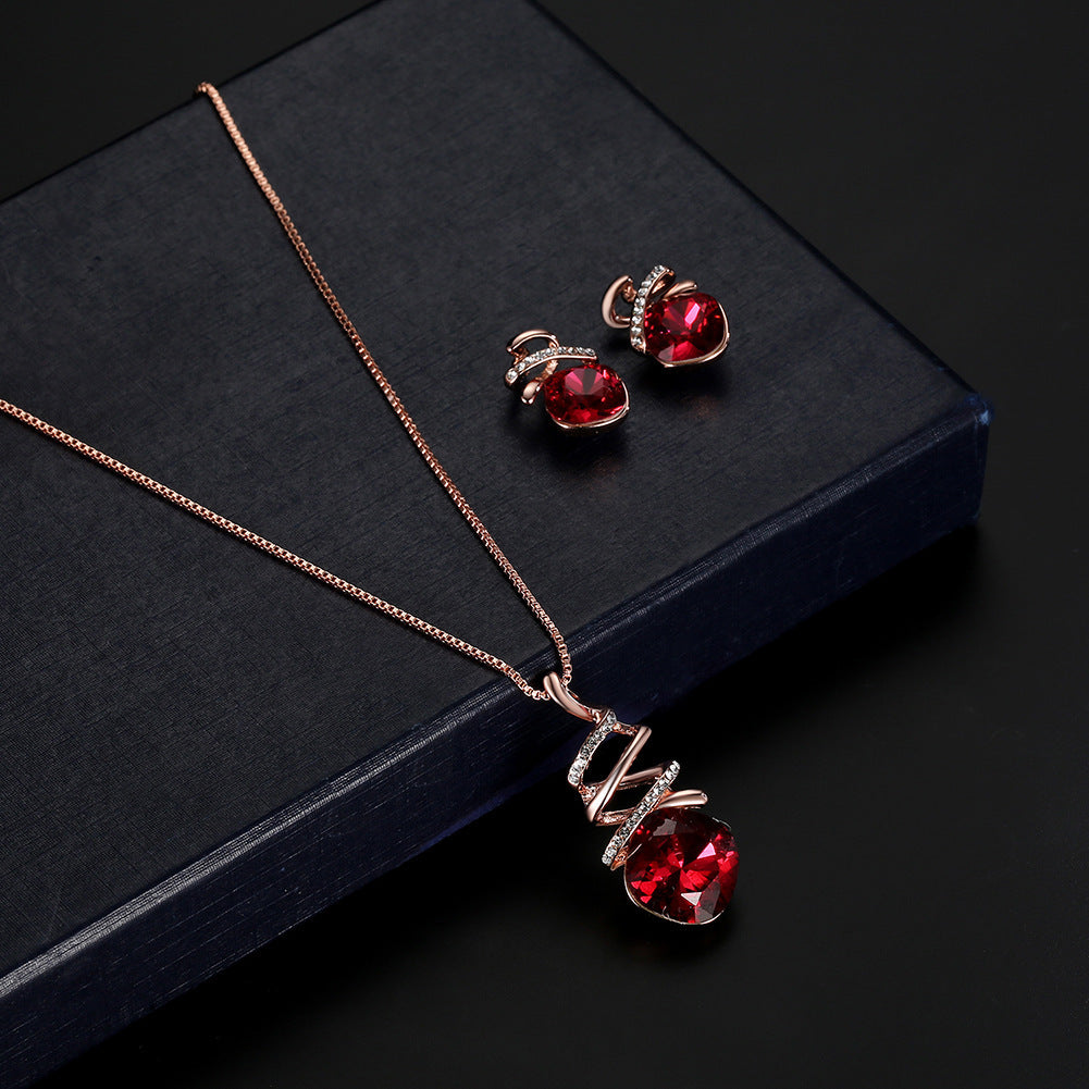 Gold Plated Red Rhinestone Pendant & Earrings Set