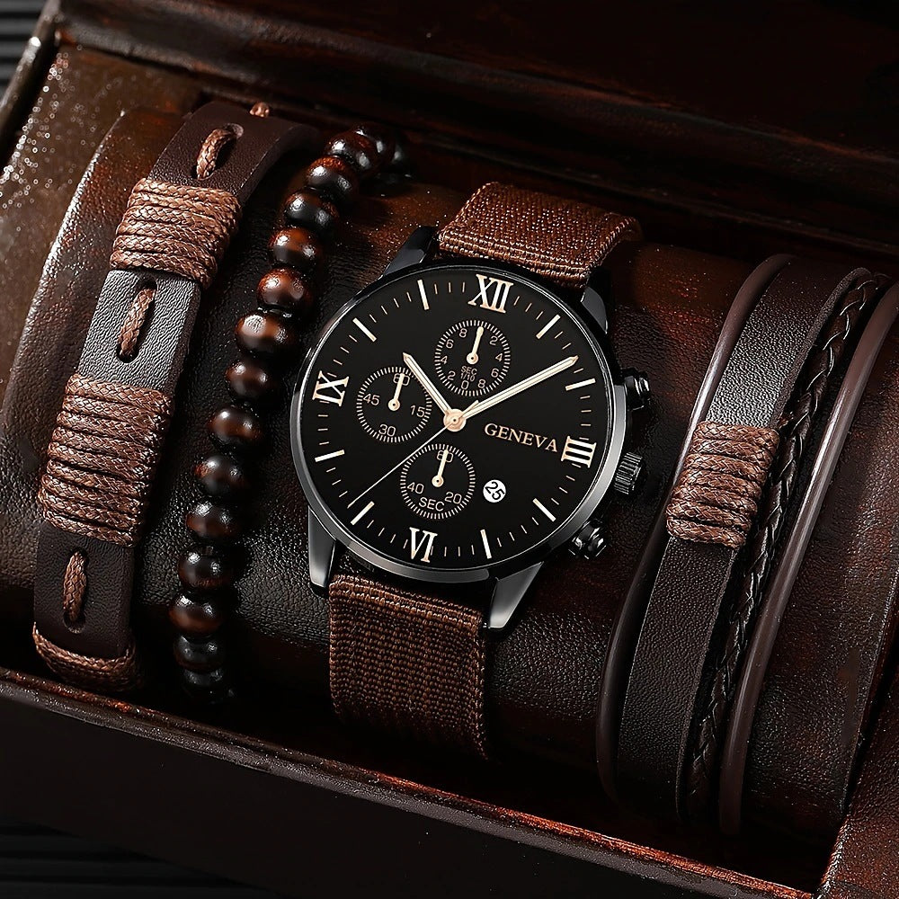 Men's Quartz Watch & Bracelet Set: Single Calendar & Canvas Band