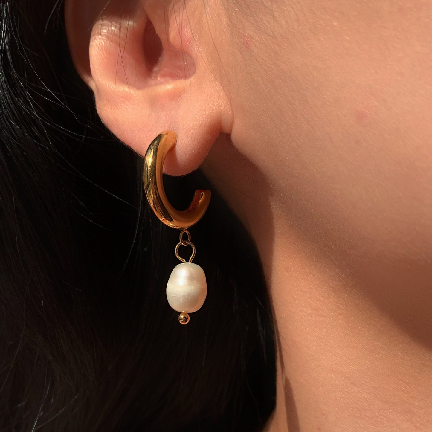 14K Gold Plated Freshwater Pearl Hoop Earrings