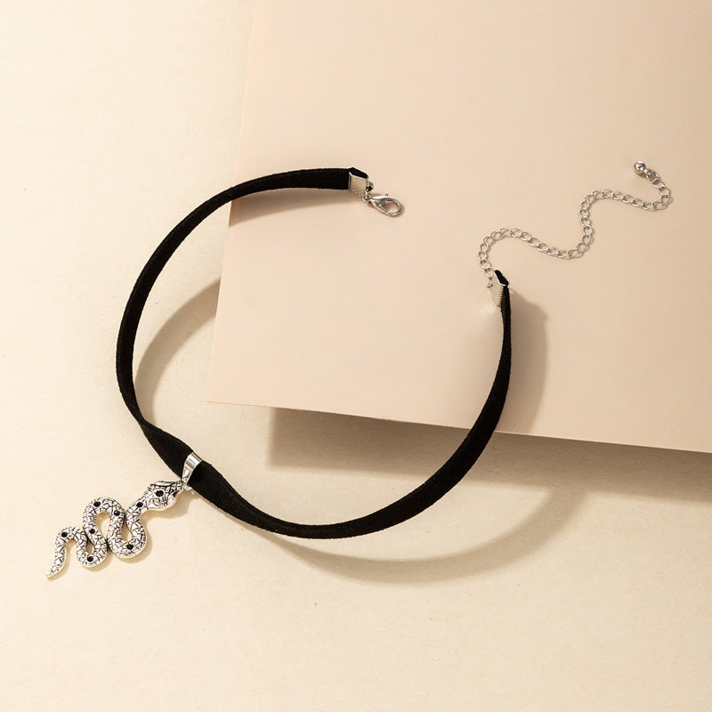 Witchy Gothic Grunge Velvet Choker Necklace - Snake & Baroque Design